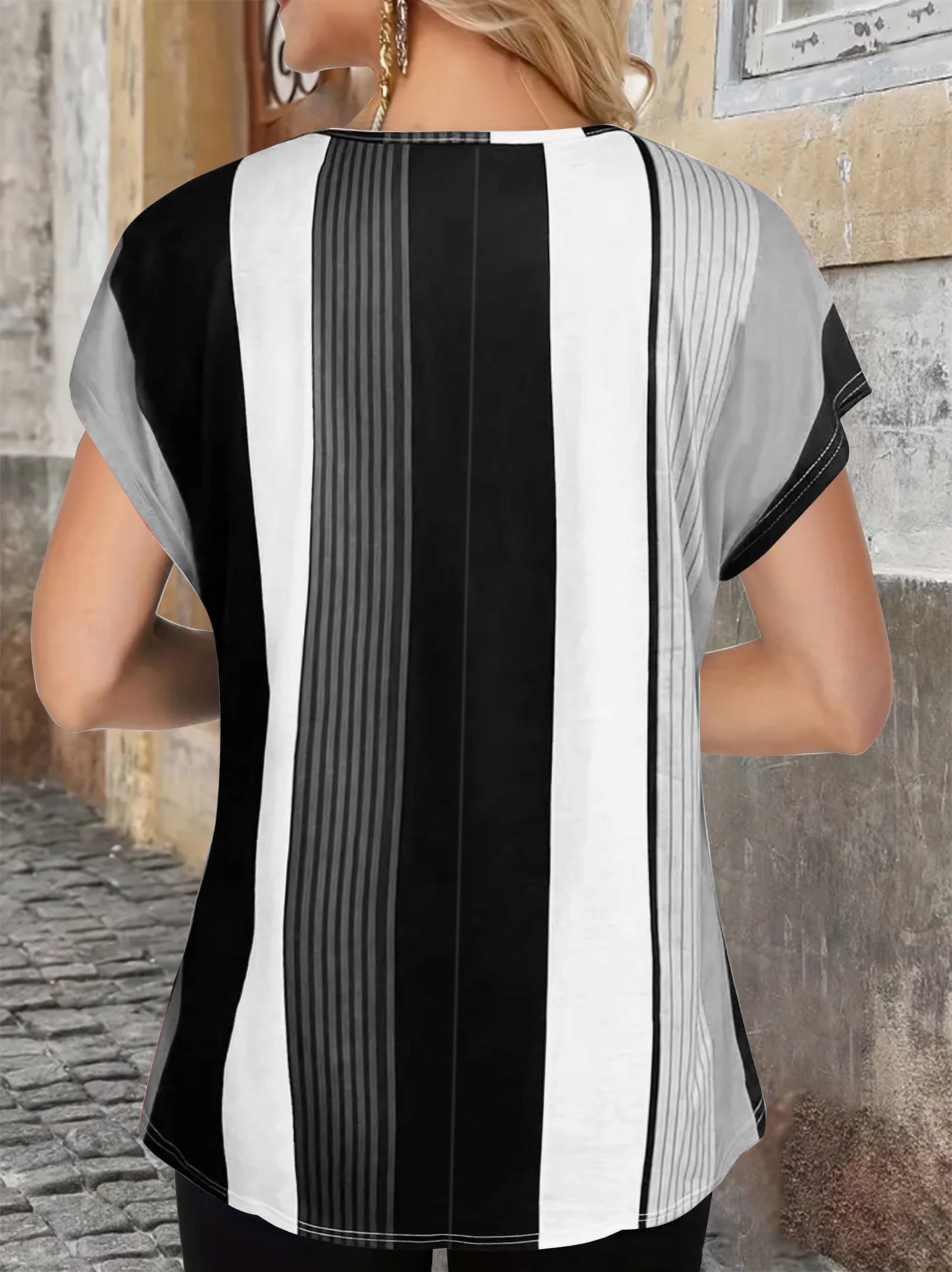 V-Neck Striped T-Shirt - Spring Summer Casual Elegant Blouse Top