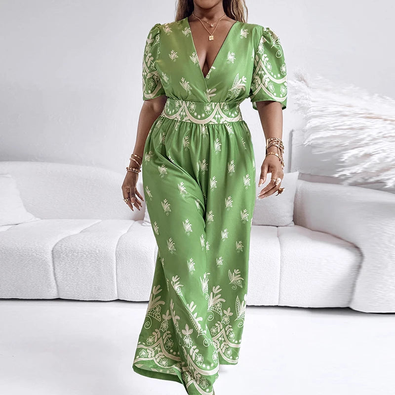 Vintage V Neck Long Pants Bohemian Printed High Waisted Loose Jumpsuit