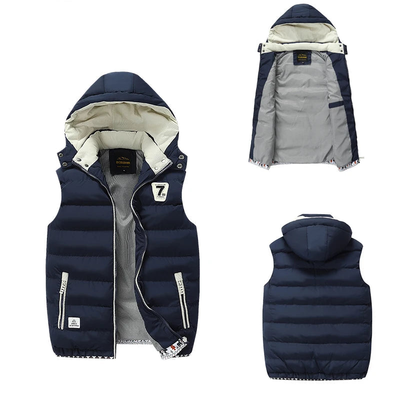 Sleeveless Warm Detachable Hooded Vest Jackets For MenSolid Color Outdoors Windproof