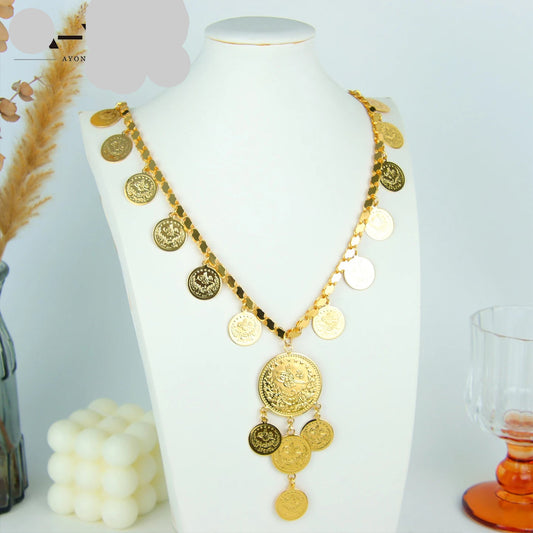 Luxury Dubai Wedding Long Necklace Coins Pendant 21k Gold Plated Jewelry