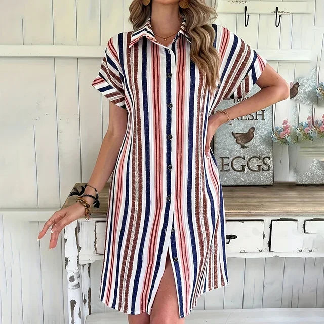 Summer Lapel Loose Short Sleeved Button Striped Dress