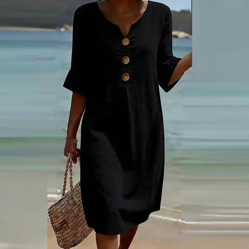 Elegant V Neck Half Sleeve Button Midi Holiday Dress