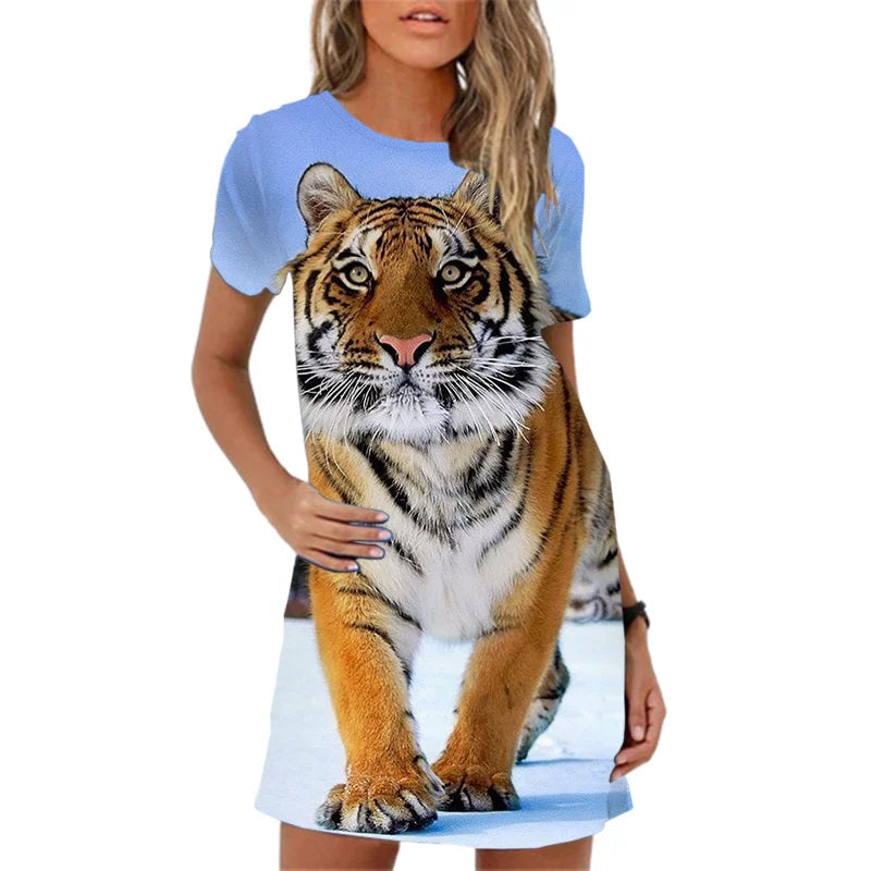 Tiger Pattern Printing Short Sleeve  Summer  Mini Dress