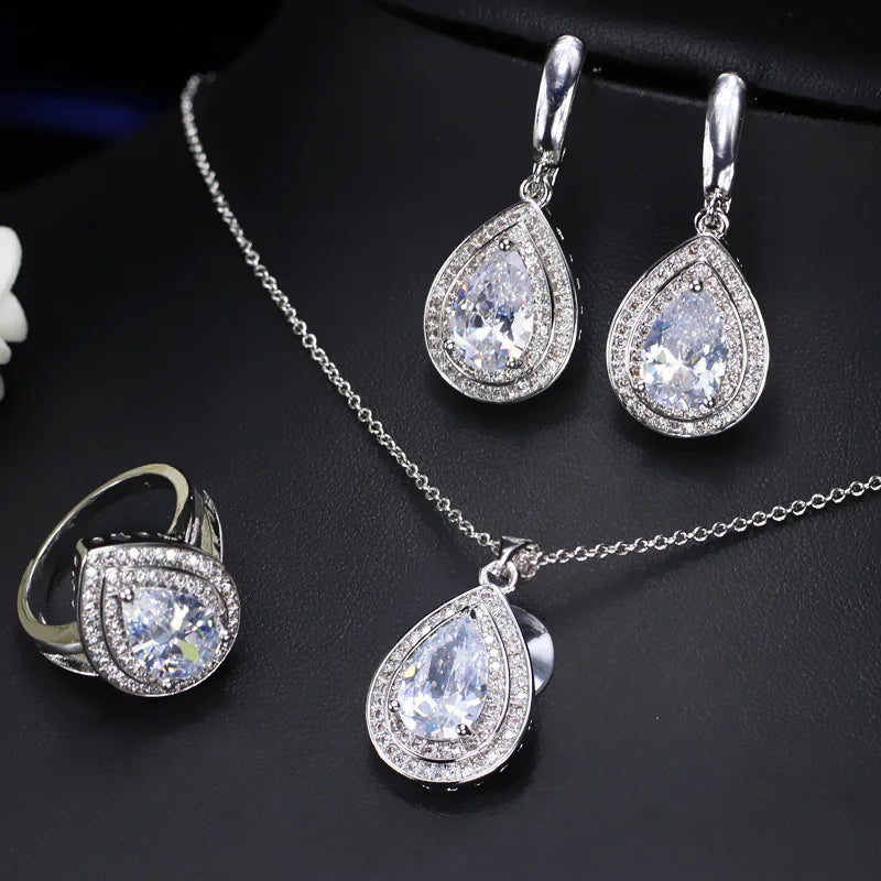 Rings Earrings Necklace 925 Silver Jewelry Set for Women Wedding Party