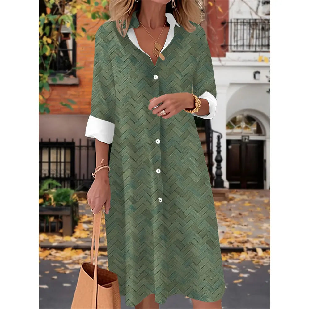 Printed V Neck Long Sleeves Button Sexy  Beach and Party Dress