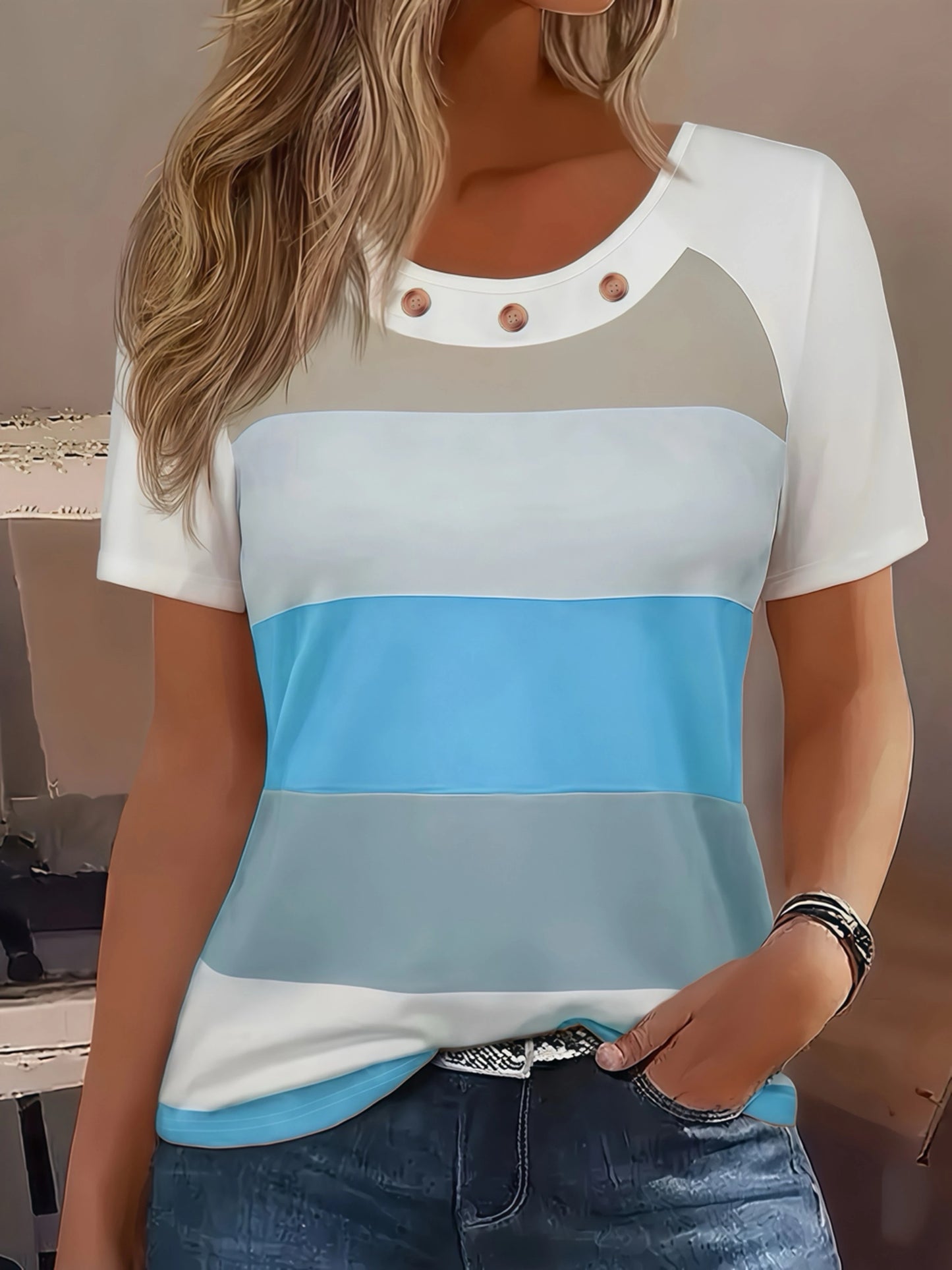 Women's Round Neck T-Shirt - Elegant Striped Print & Button Detail Short Sleeve Top