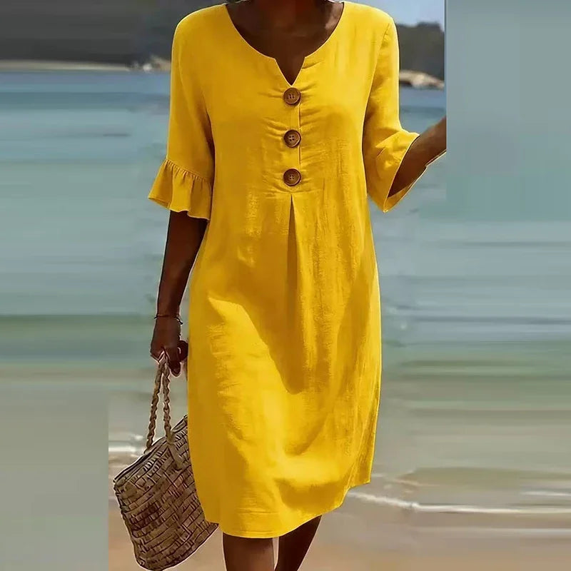 Elegant V Neck Half Sleeve Button Midi Holiday Dress