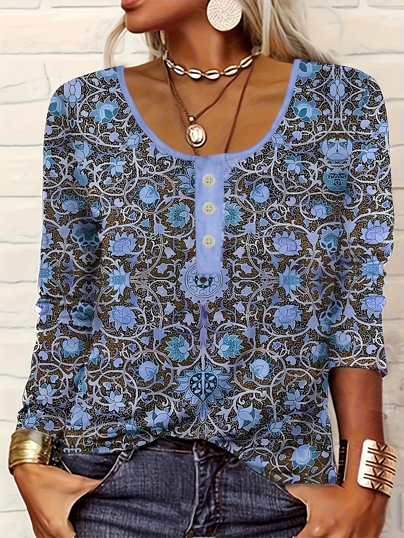 thin button ethnic print plus size women's long-sleeved T-shirt