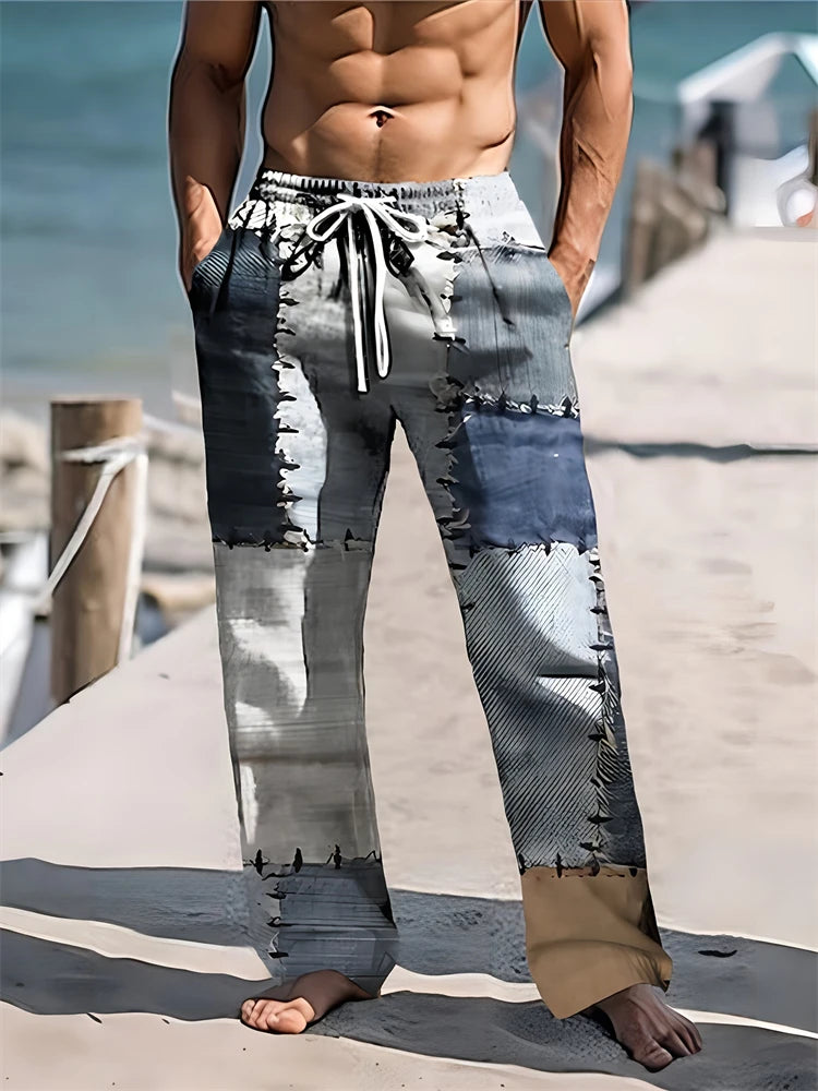 Summer Oversized New Men's Bohemian Wide Leg Pants 3D Retro Splicing Printed Loose Casual Beach Pants