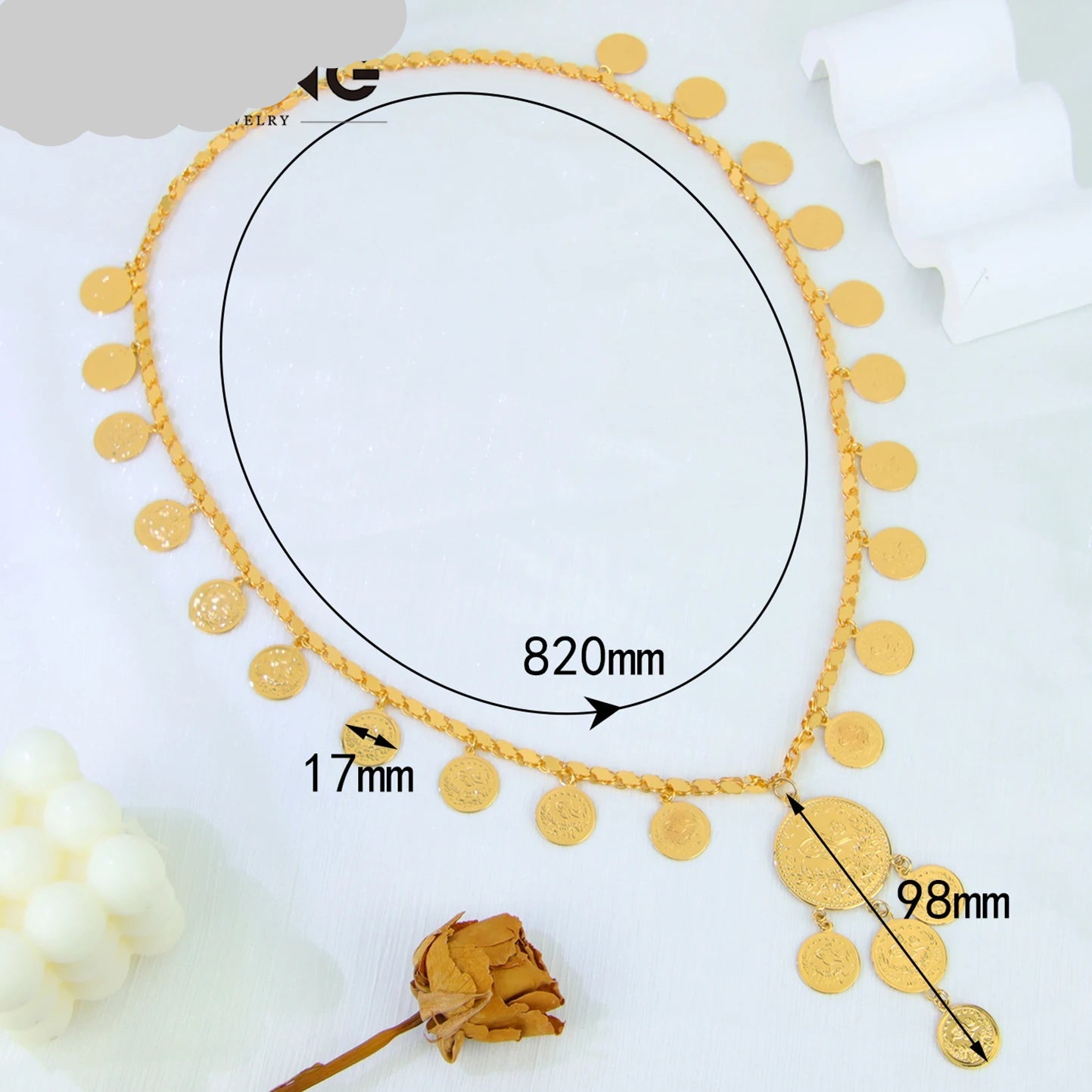 Luxury Dubai Wedding Long Necklace Coins Pendant 21k Gold Plated Jewelry