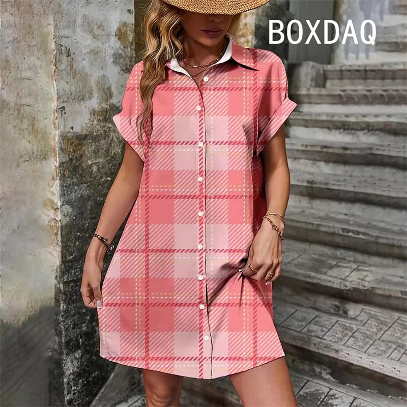 Elegant Vintage Striped Print  Short Sleeve With Button  Dress