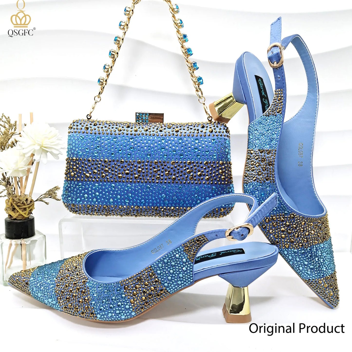 Italian Design Green Shoes And Bag Set Decorated with Rhinestone Handbag Wedding Party