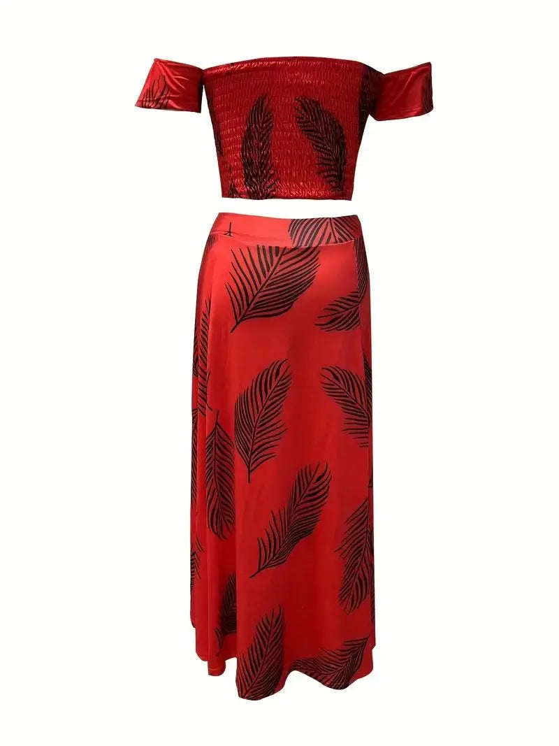 Bohemian Two-piece Set Women's Off-shoulder Elastic Solid Color Vest With feather Print High Waist Slit Skirt Set