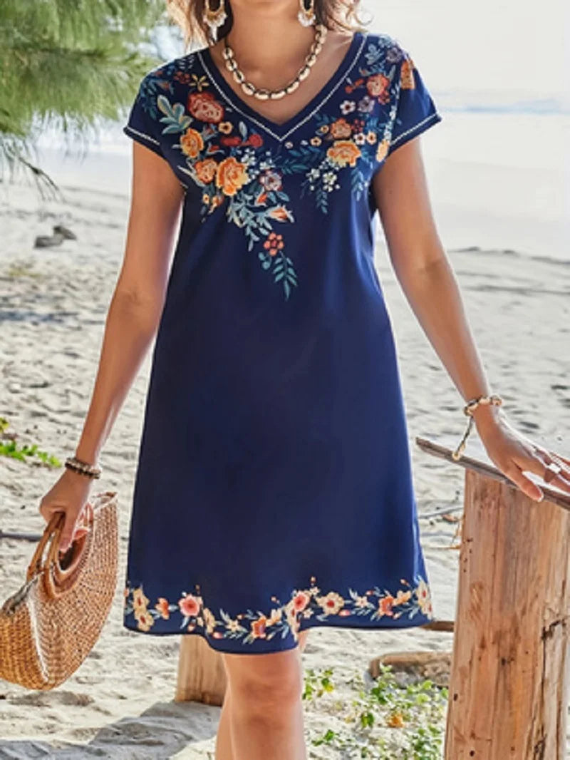 Bohemian Floral Print V-neck Slimming Short-sleeved Straight Dress