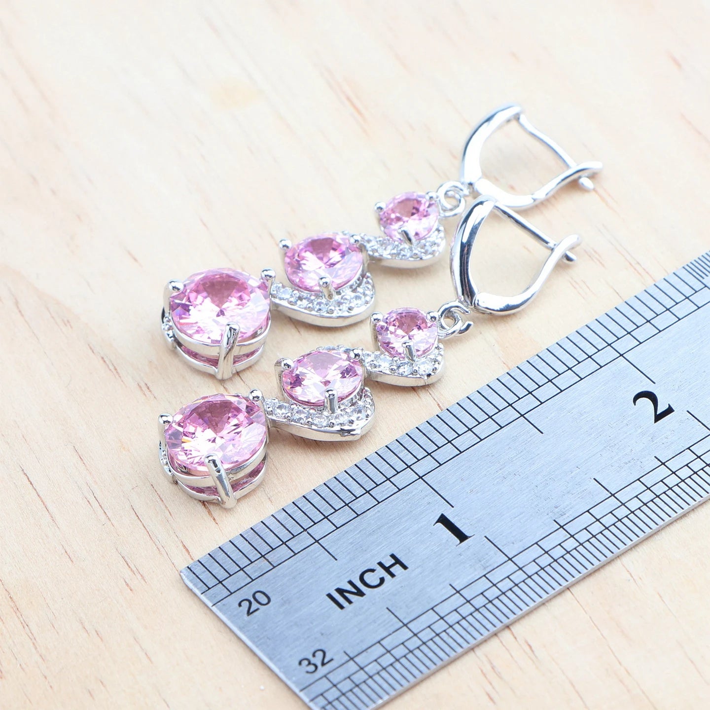 Round Pink Zircon Bridal Silver, Bracelets Earrings Rings Pendant Wedding Necklace 4Set