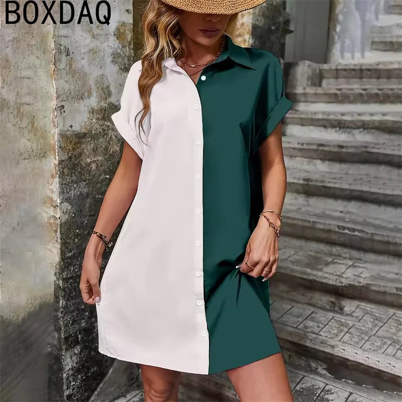 Two Tone Spliced Shirt for Summer Evening  Casual Dress