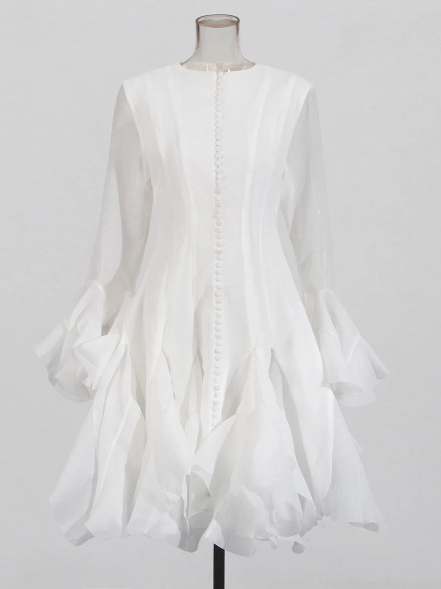 Pleated Patchwork Fashion Long Lantern Sleeve Waist Cinching Mini Dress