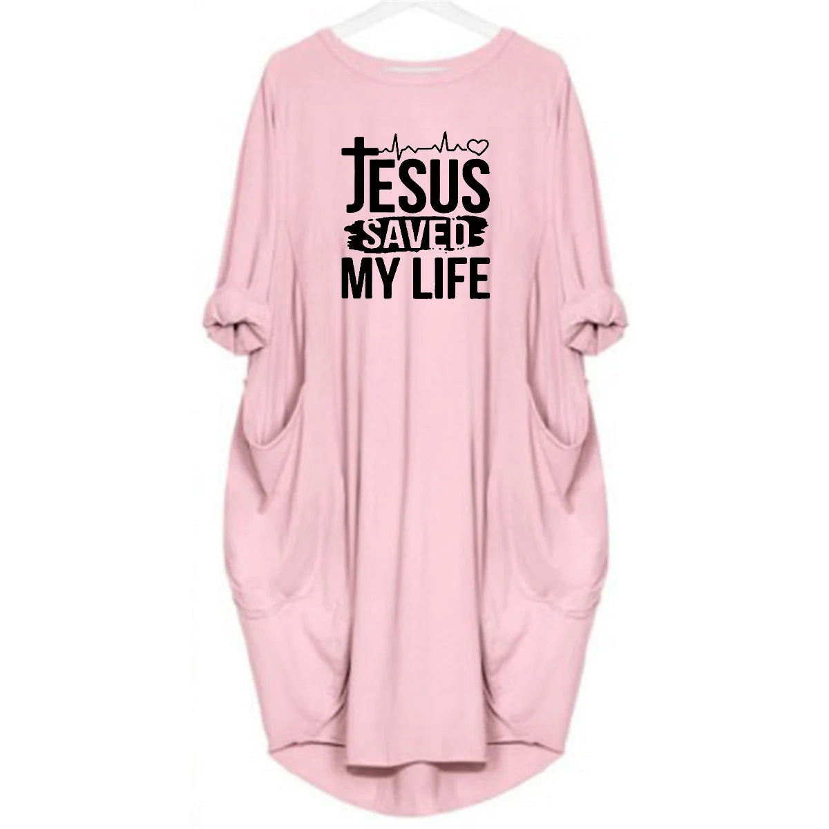 JESUS SAVED MYLIFE Print Round Neck Long Sleeve Pocket Comfortable Dress