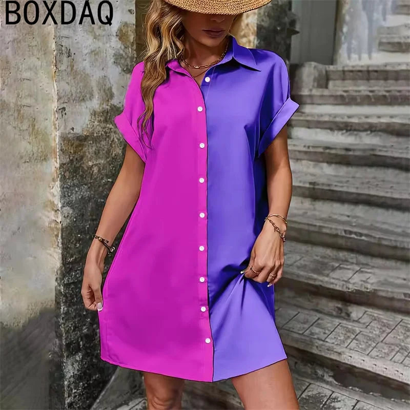 Two Tone Spliced Shirt for Summer Evening  Casual Dress