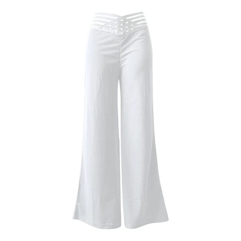 Fashionable Trendy Women's Hollowed Out Waist Belt High Waisted  Wide Leg Pants