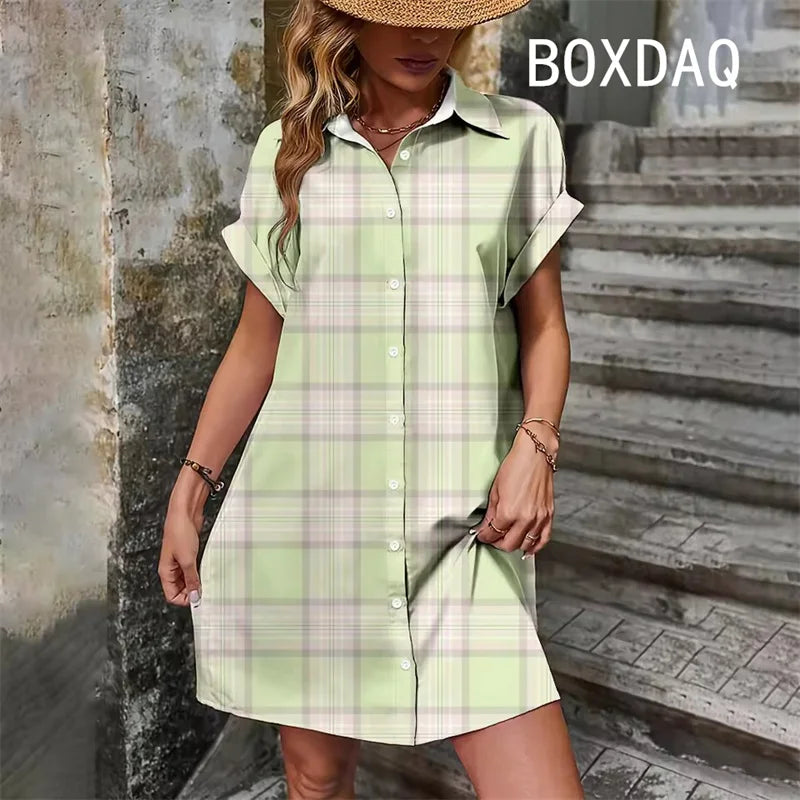 Elegant Vintage Striped Print  Short Sleeve With Button  Dress