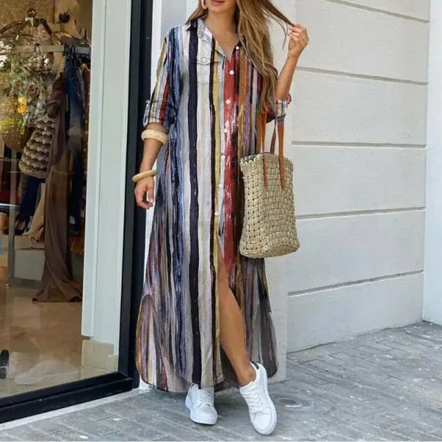 Long Sleeve  Pocket Button Print Shirts Dress