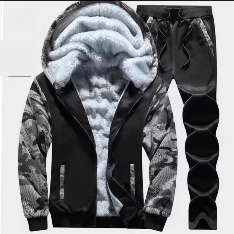 Men's autumn and winter sports set hooded casual cardigan jacket outdoor thickened warm sport