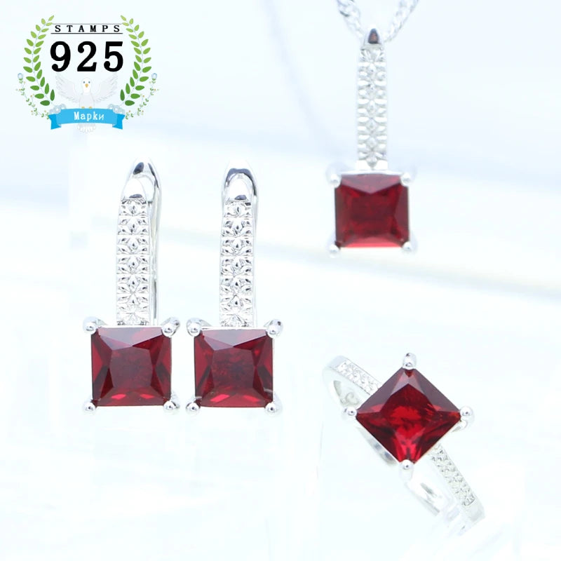 Sterling Silver Jewelry 3Set for Women Square Emerald Open Ring Earrings Pendant Necklace Free Gift Box