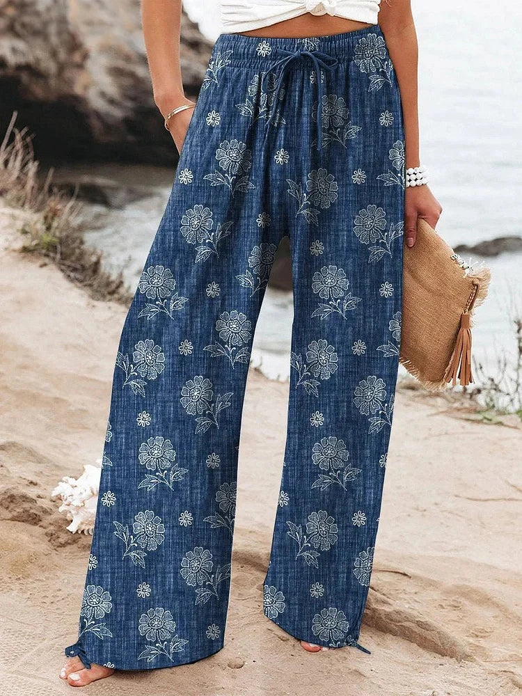 Relaxed-Fit Casual Pants 3D Floral Print Comfortable Breathable Fashionable Wide-Leg Pants