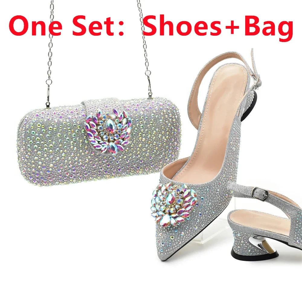 Luxury Designer Silver Italian Matching Shoes and Bag Set