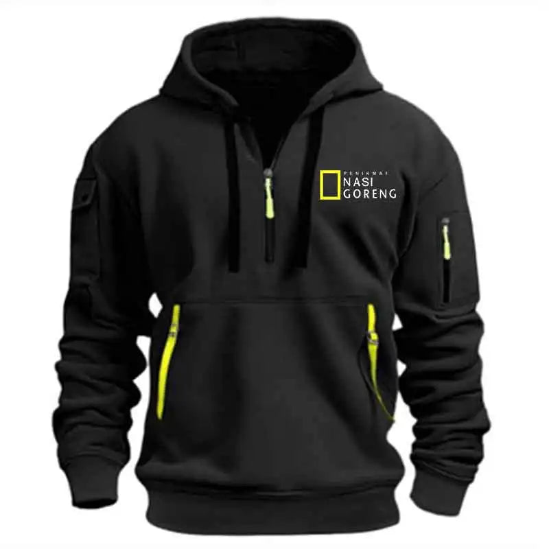 Half-zip Multi-pocket Pullover Sports Long-sleeve Hooded  Sweatshirt