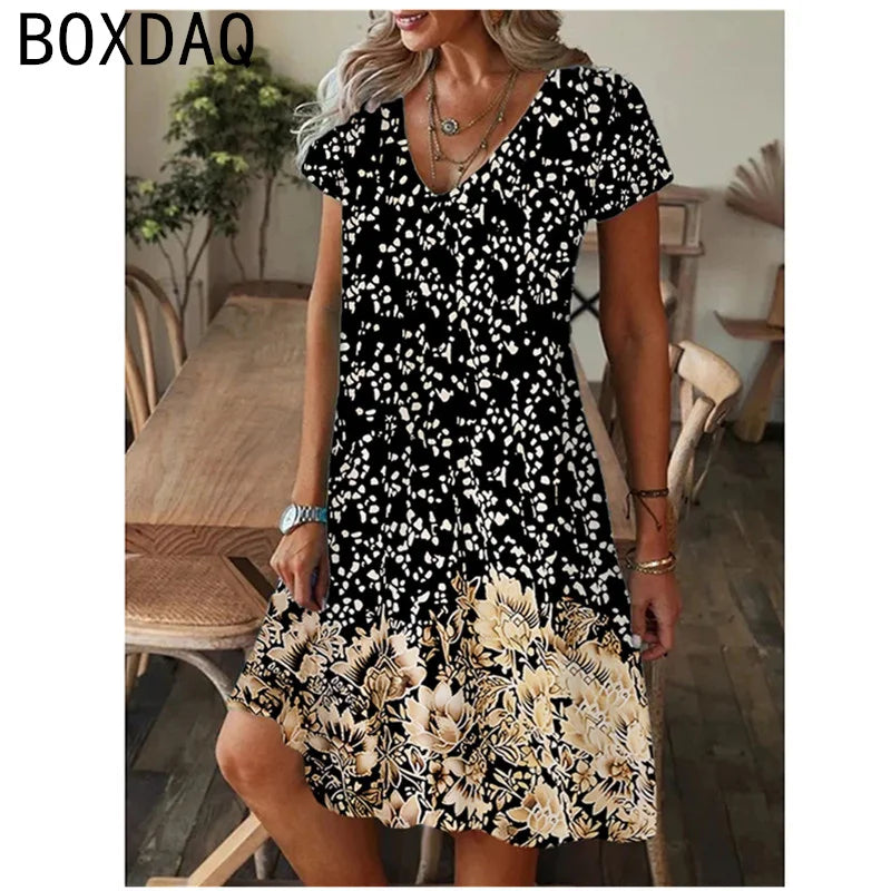 Summer Beach Casual A-Line Short Sleeve V-Neck Dress
