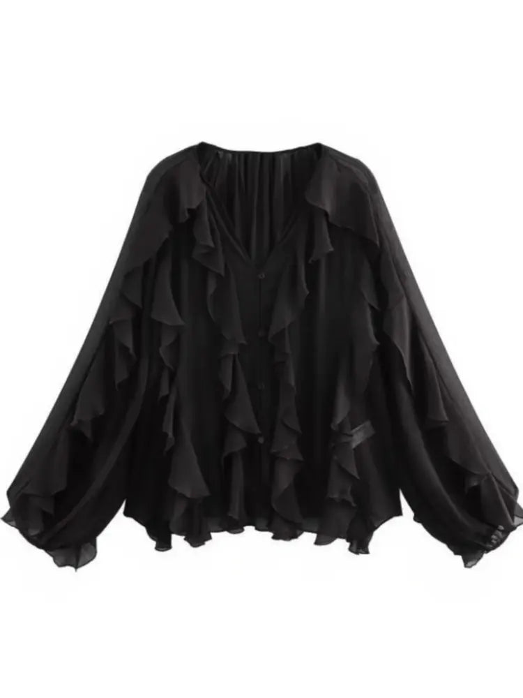 Loose Long Sleeve Layered Shirts Office Lady Vintage V-neck T