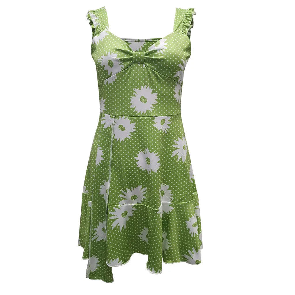 Breezy Sleeveless Dress with Vibrant Floral Print and Elegant V-Neck ﻿