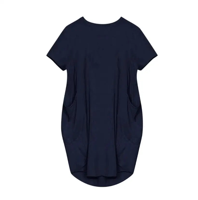 Short Sleeve  Round Neck Pockets Sexy Female Dress