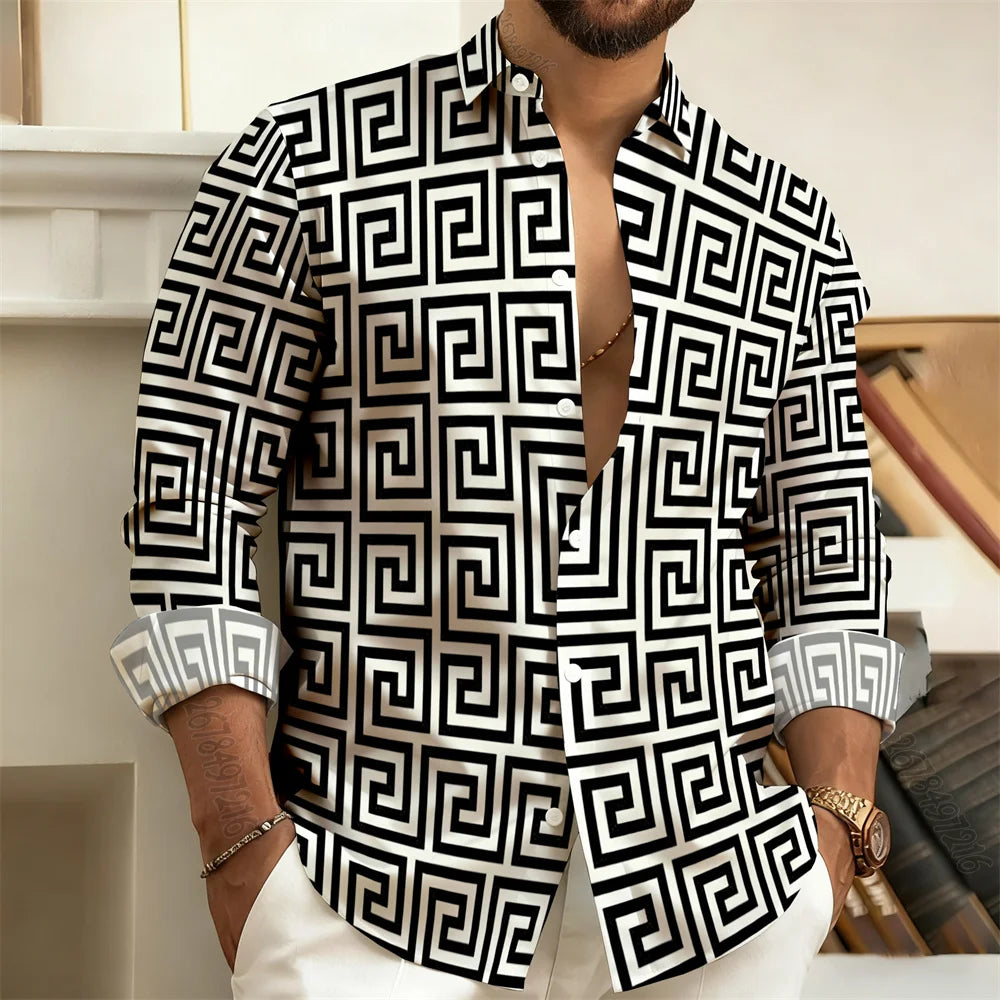 Long-Sleeved Polo Shirt, Vintage Print Style with Greek Key Pattern