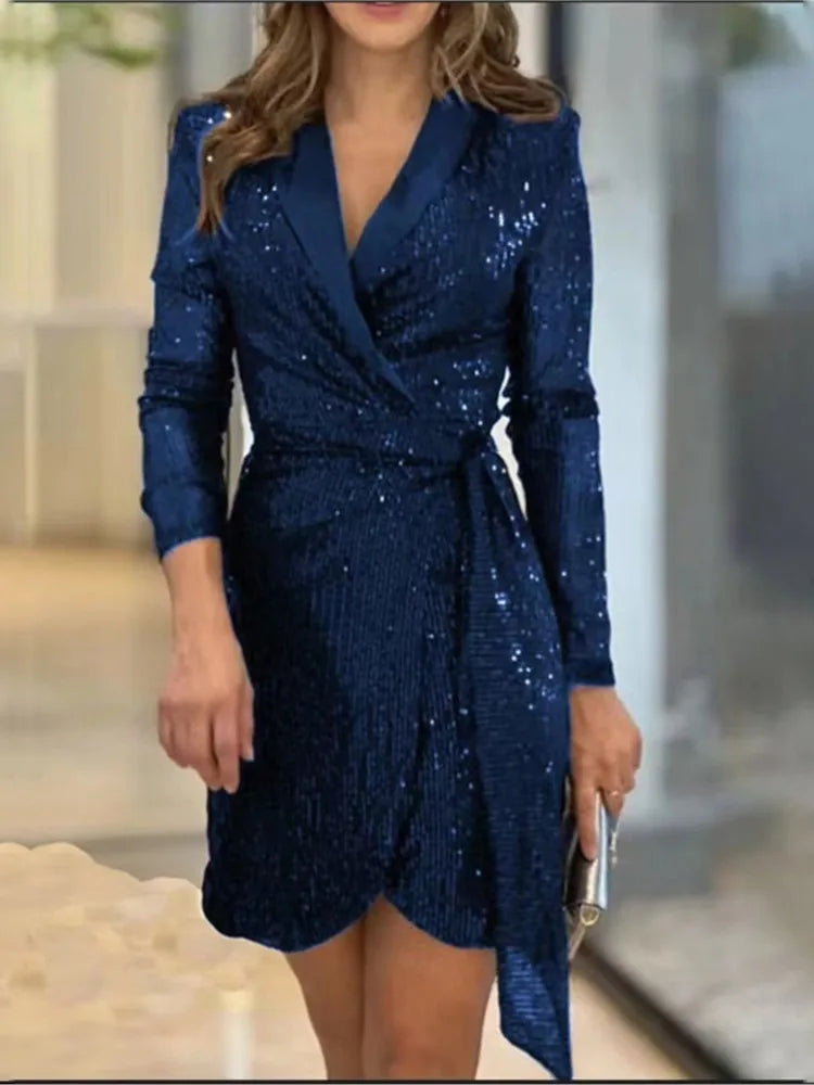 Sexy Waist Series Sequined Suit Collar Long Sleeved Lace Up Dress