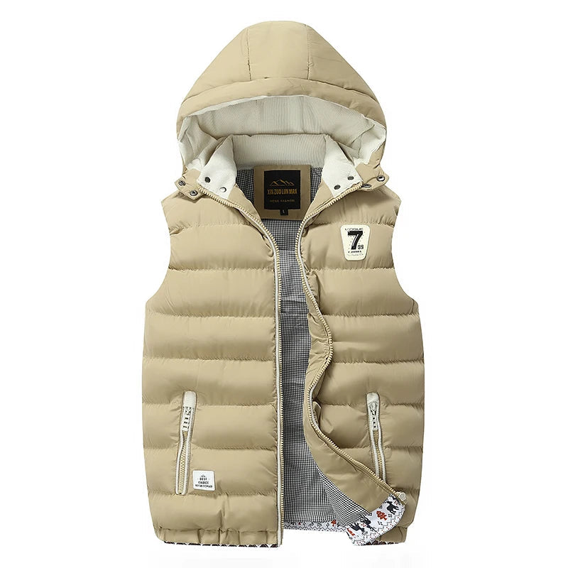 Sleeveless Warm Detachable Hooded Vest Jackets For MenSolid Color Outdoors Windproof