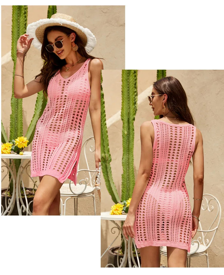 Beach Wear Solid Color Sun Protection Hollow Bikini Knitted Sexy Dress