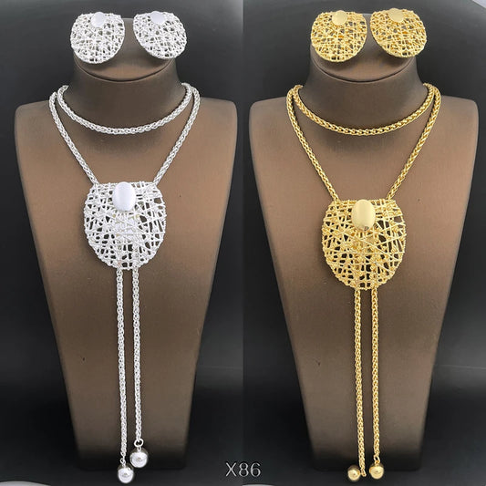 18K Gold Plated Necklace And Earrings Set 85cm Long Chain Jewelry Adjustable Length 3pcs