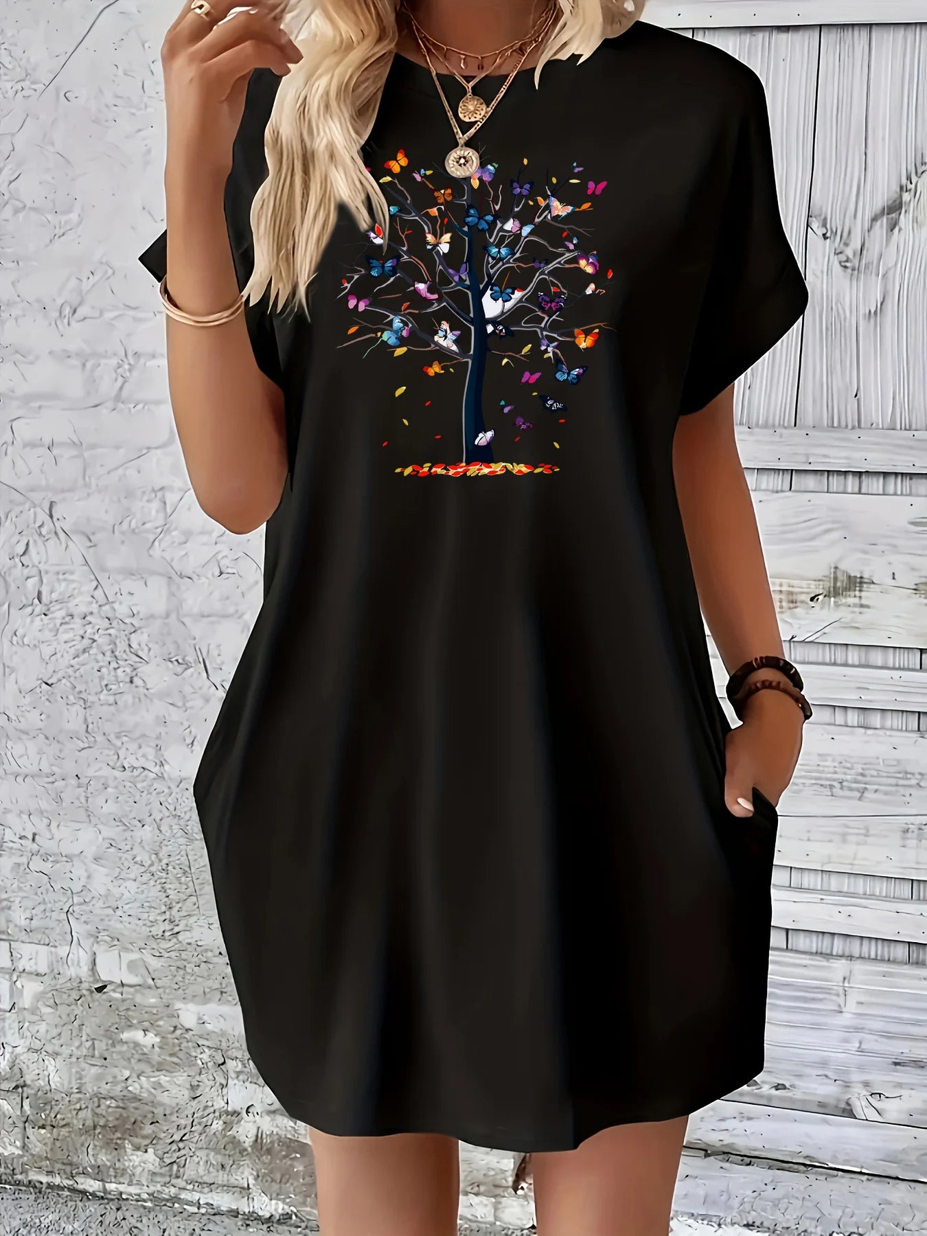 Butterfly tree pattern printed round neck short sleeved pocket comfortable Dress