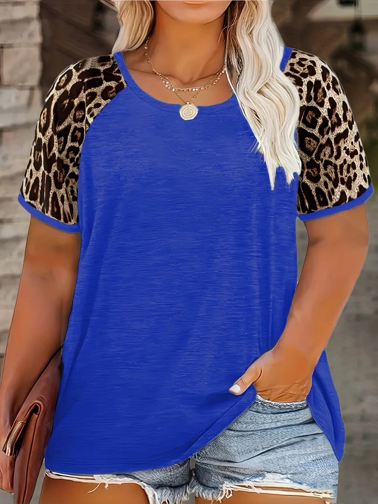 Casual Leopard Print Color Block Round Neck T-Shirt | Fashionable Short Sleeve Top