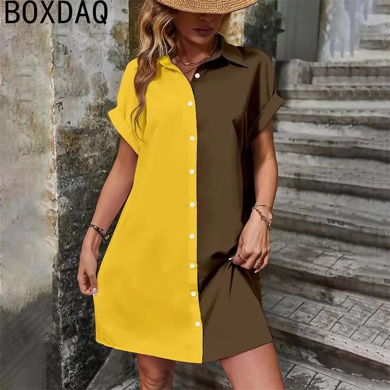 Two Tone Spliced Shirt for Summer Evening  Casual Dress