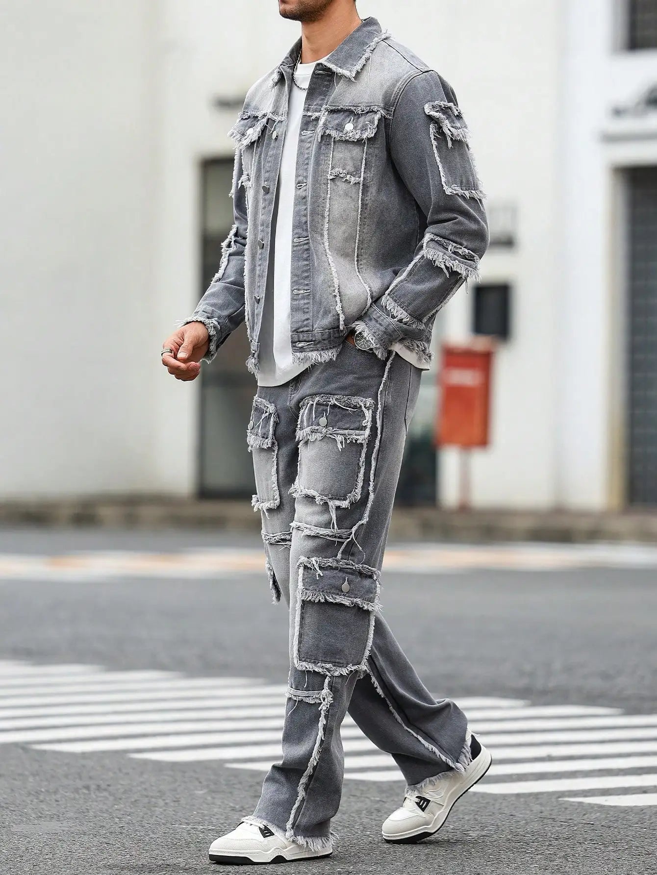 Men's Street Style Raw-Hem Grey Denim Set, a minimalist and fashionable two-piece