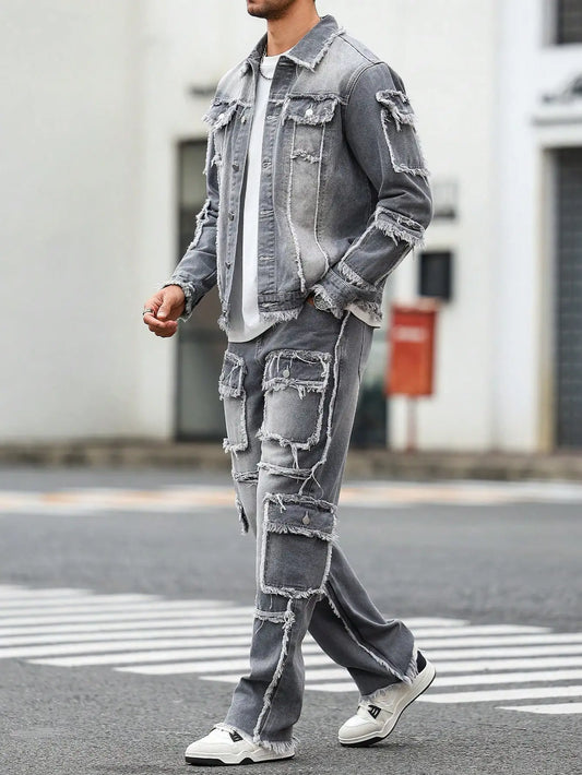 Men's Street Style Raw-Hem Grey Denim Set, a minimalist and fashionable two-piece