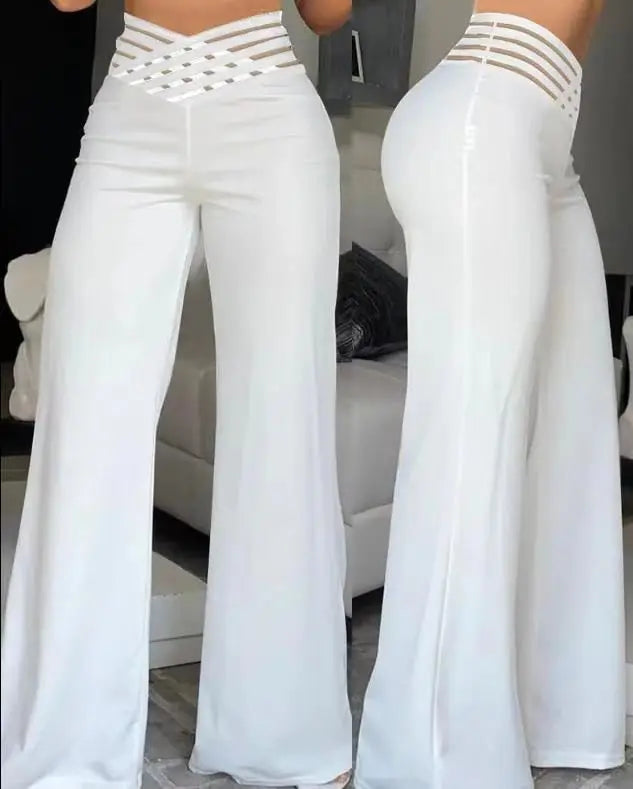 Fashionable Trendy Women's Hollowed Out Waist Belt High Waisted  Wide Leg Pants