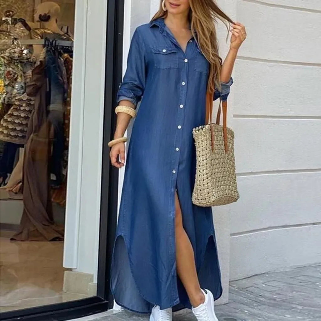 Long Sleeve  Pocket Button Print Shirts Dress