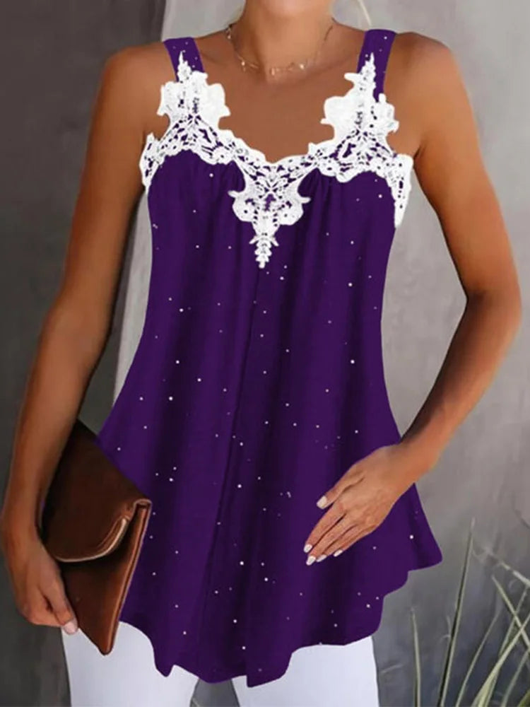 Luxurious V-Neck Sleeveless Lace Patchwork Solid Color