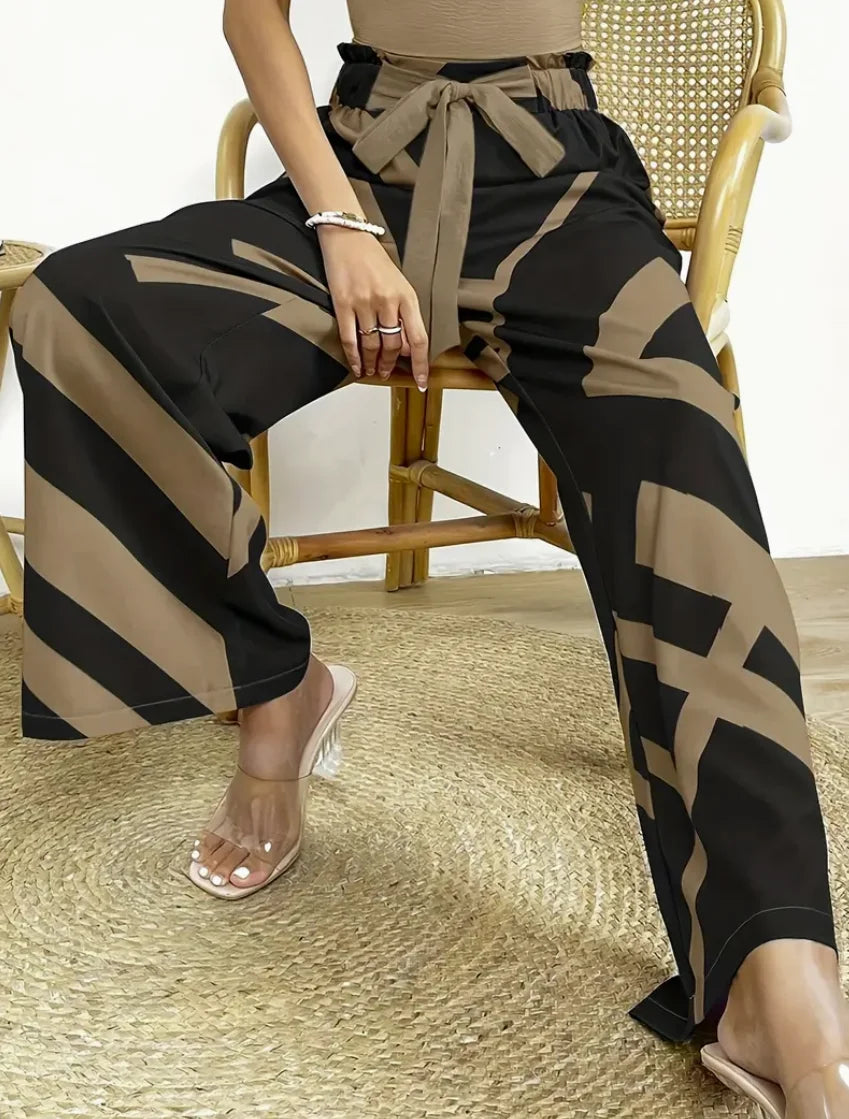 Geometric Pattern Print Wide Leg Pants Bow Front High Waist Pants For Every Day