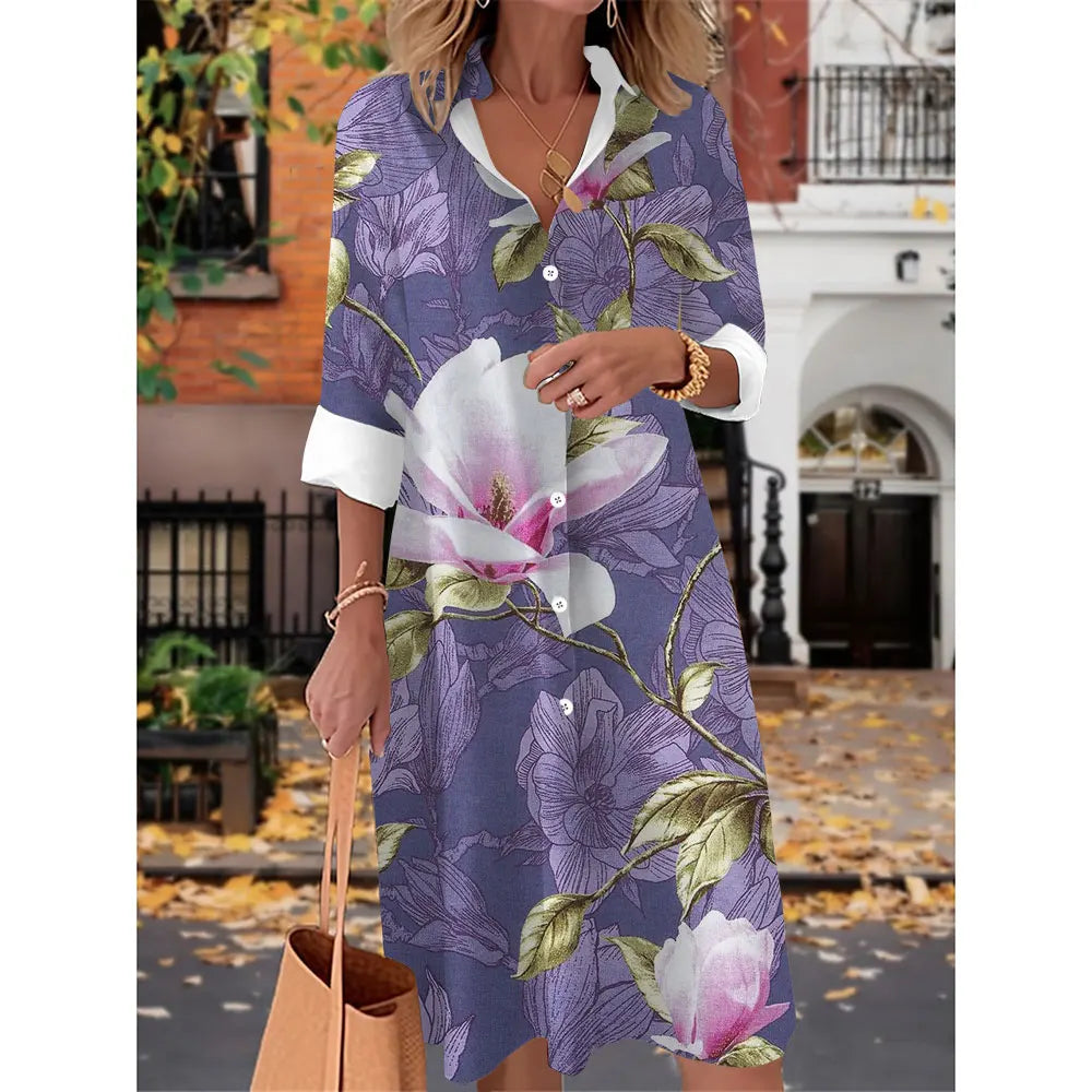 Printed V Neck Long Sleeves Button Sexy  Beach and Party Dress